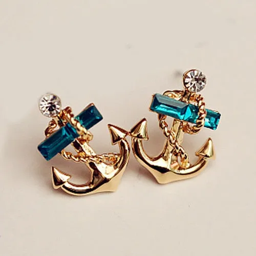 Women's Jewelry Crystal Rhinestone 9K Gold Plated Anchor Earring Studs