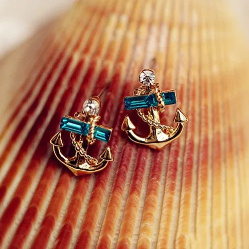 Women's Jewelry Crystal Rhinestone 9K Gold Plated Anchor Earring Studs