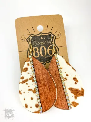 Wood, Rhinestone, and Cow Hair Teardrop Earrings in Red/White