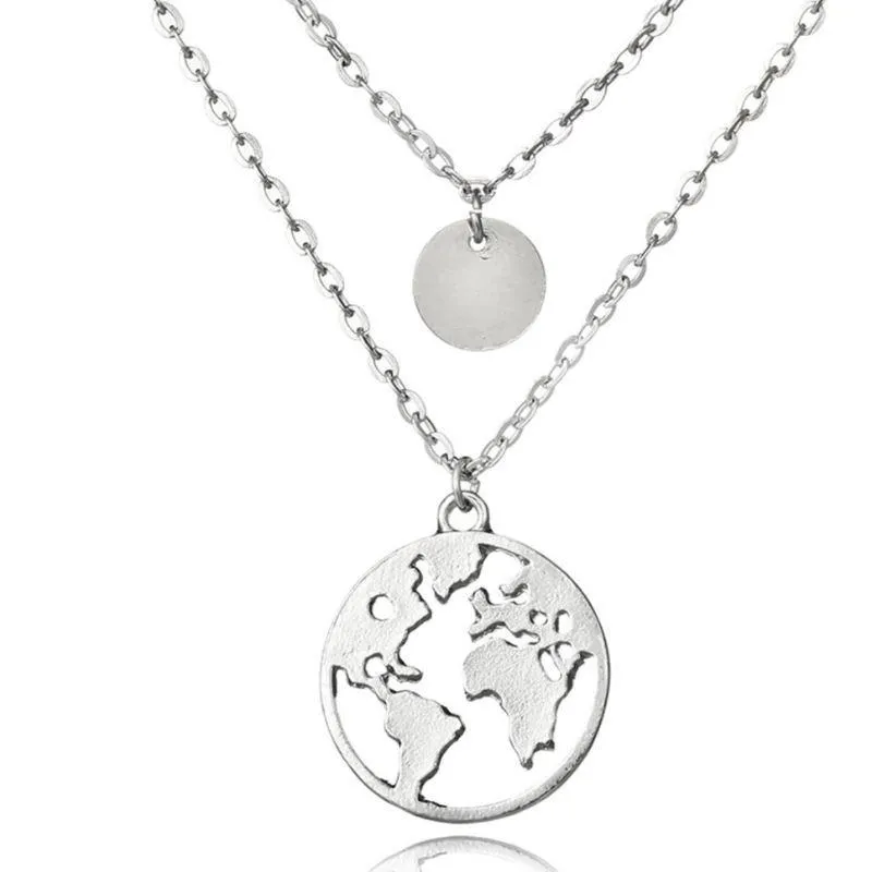 World Map 2-Layer Necklace - High-Quality Zinc Alloy, 17-21" Length with 2" Extender"