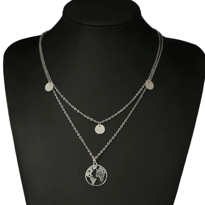 World Map 2-Layer Necklace - High-Quality Zinc Alloy, 17-21" Length with 2" Extender"