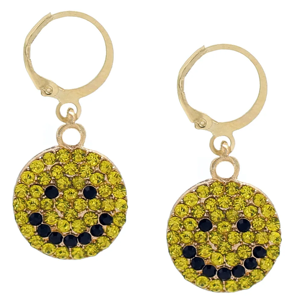 Yellow Rhinestone Happy Face Leverback Earrings