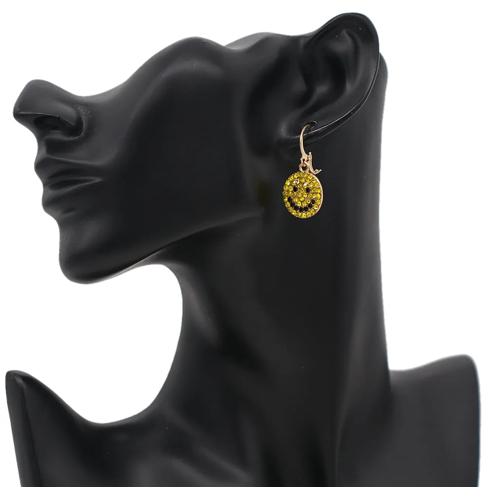Yellow Rhinestone Happy Face Leverback Earrings
