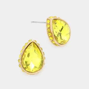 Yellow Rhinestone Trimmed Teardrop Stone Pageant Stud Earrings  | Interview Earrings | 599146