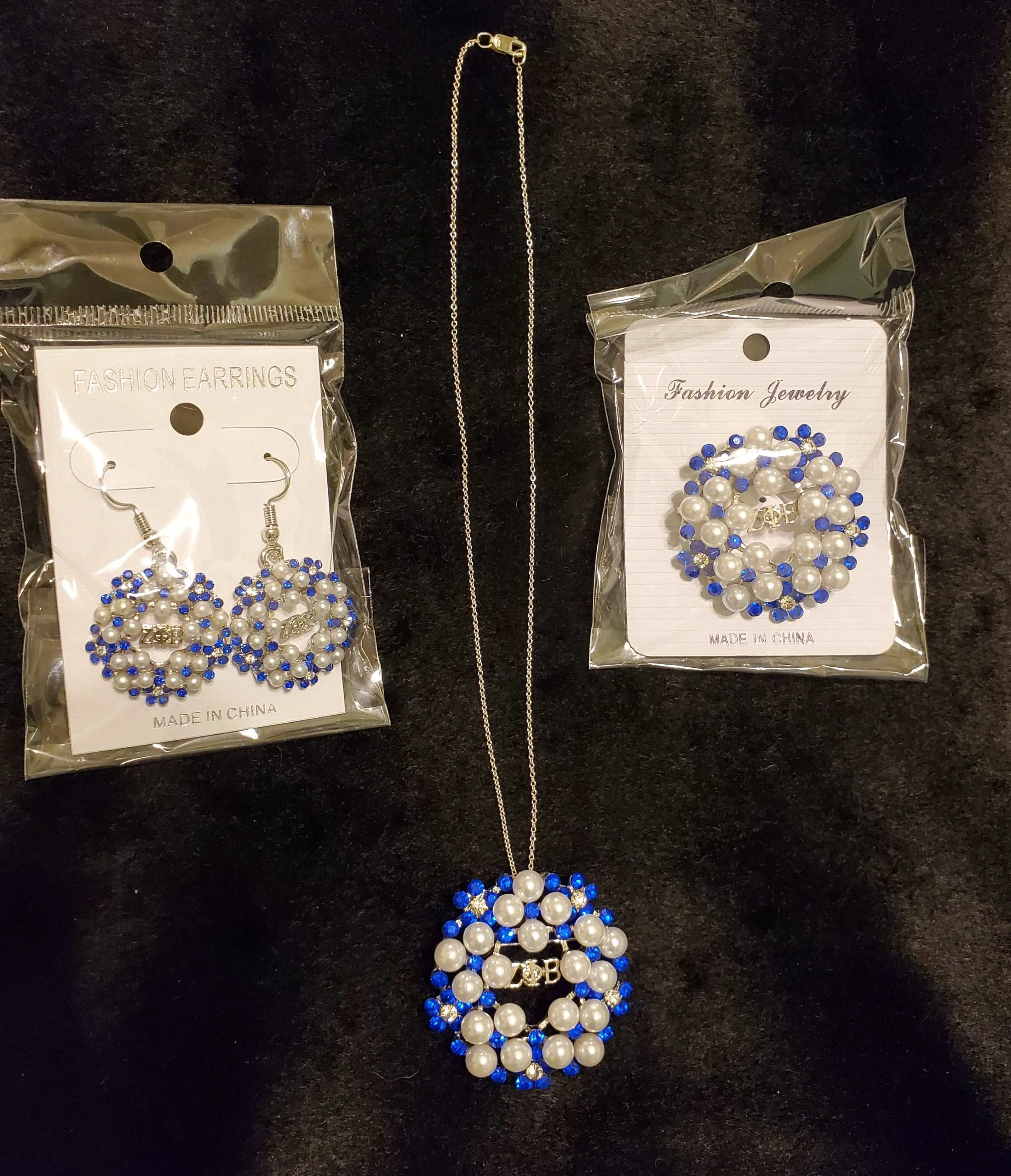 Zeta Pearls and Blue Rhinestone Earrings