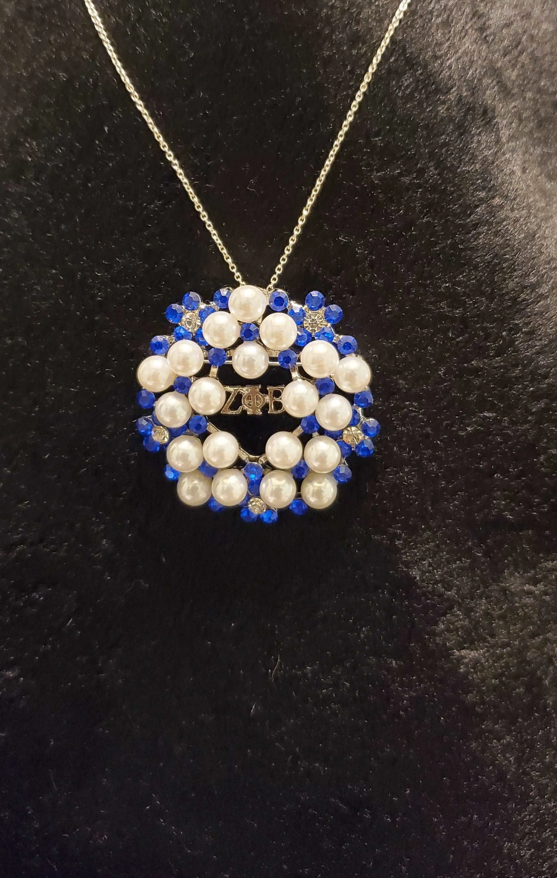 Zeta  Pearls and Blue Rhinestone Pin